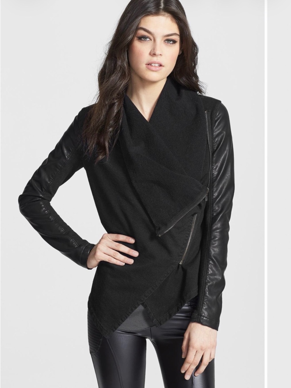BLANKNYC Black Faux Leather Drape Front Moto Jacket Size L